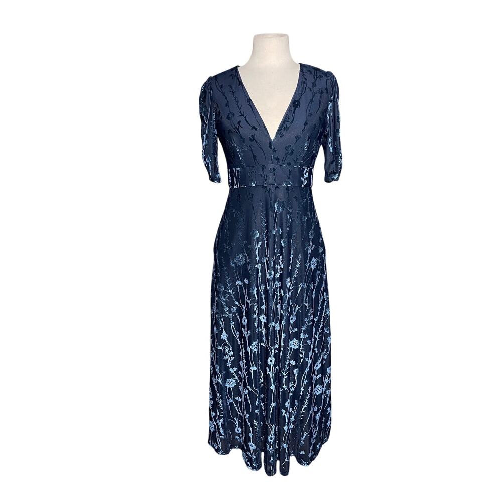 ANTHROPOLOGIE HUTCH Women’s Navy Blue Velvet Burnout Floral Midi Dress - Picture 3 of 6